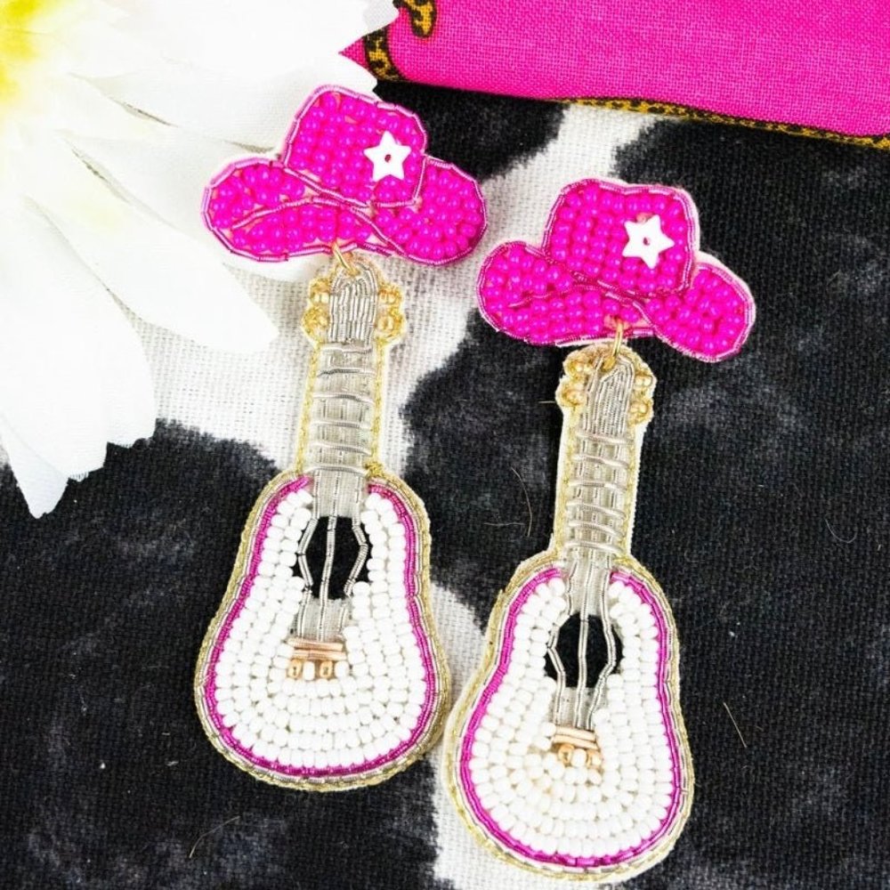 Seed Beaded Pink Guitar Cowgirl Hat Country Music Concert Earrings NEW - Picture 2 of 3